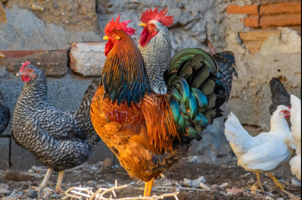 Colorful backyard flock with rooster and hens — Bugs4Feed™ farm nutrition