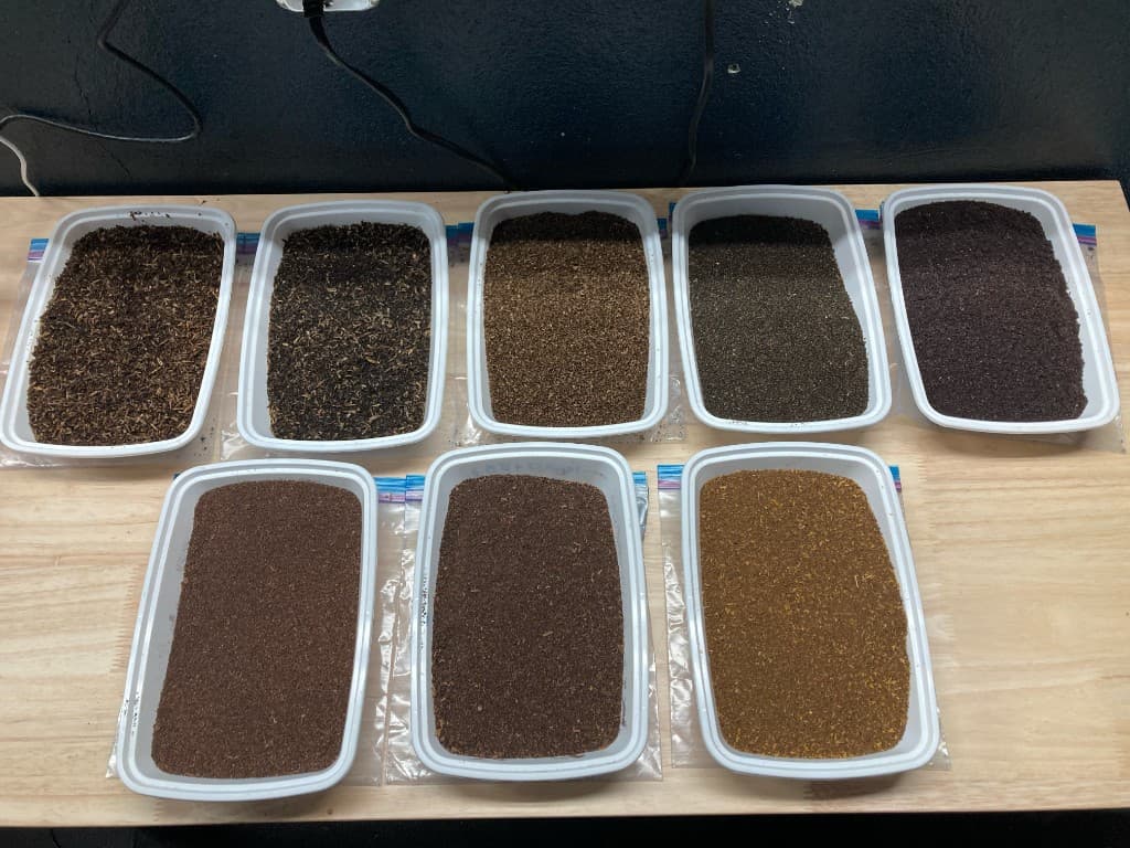 Frassilizer™ feedstock variation samples — different frass types in trays